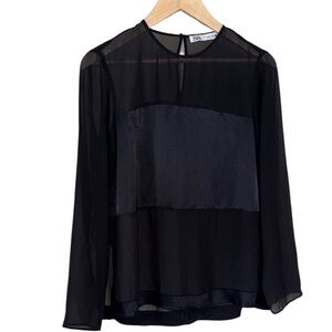 Zara Black shirt semi Sheer Blouse satin finish panel at chest small long sleeve